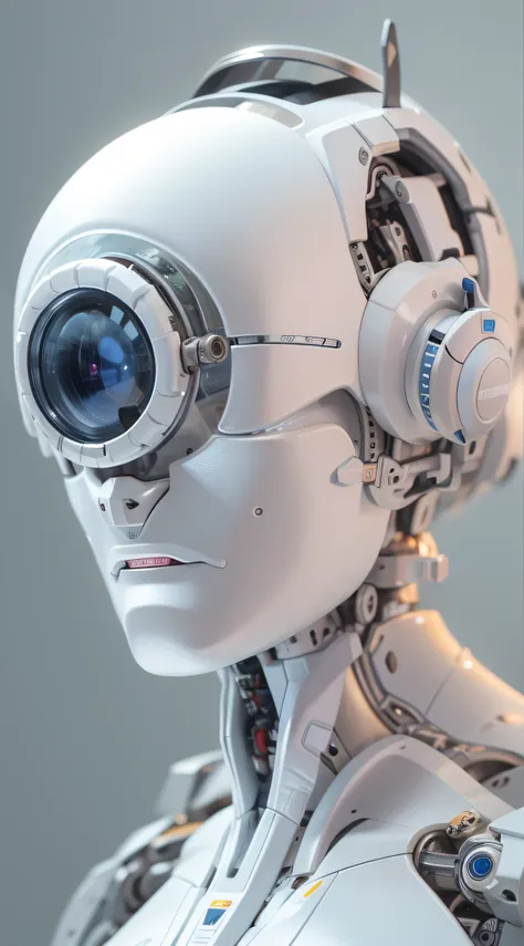 "araffed cyborg with high-resolution white plastic details, olhos azuis claros."