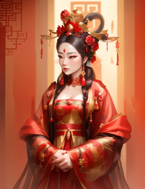 a woman in a red and gold dress and a red flower crown, with red eyes, ancient chinese princess, chinese empress, a beautiful fantasy empress, inspired by Lan Ying, ancient chinese goddess, chinese princess, beautiful render of tang dynasty, ancient asian ...