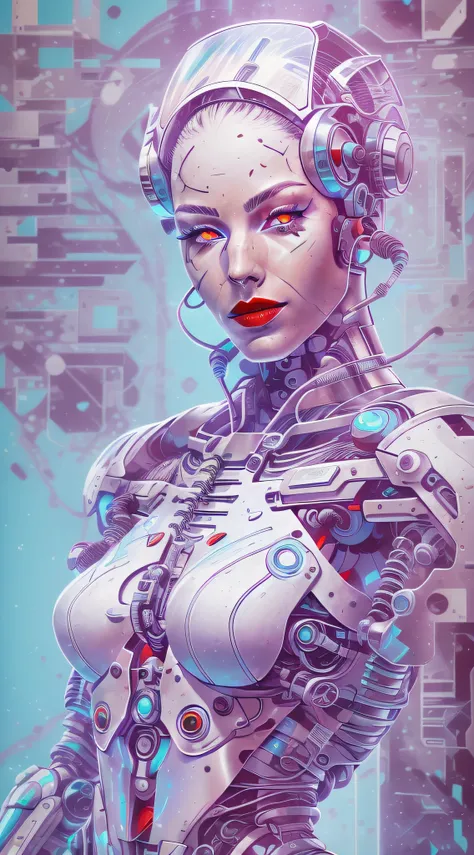 araffed cyborg with super detailed pieces of white plastic in very high resolution with red lipstick and light blue eyes