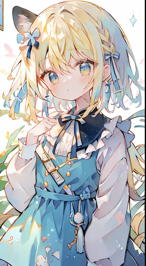 alice in the wonderland、cute little、Yellow hair、Blue ribbon on head、masterpiece、Top image quality、top-quality、Alice in Wonderland Costume、Alice in Wonderland background