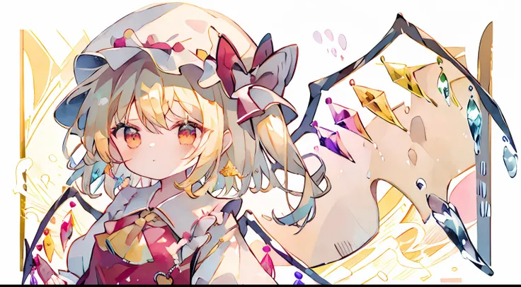 flandre scarlet
1girl,blonde hair,mob cap,hair bow,bowtie,side ponytail,wings,short sleeves,vest,ascot,cute little、​masterpiece、...