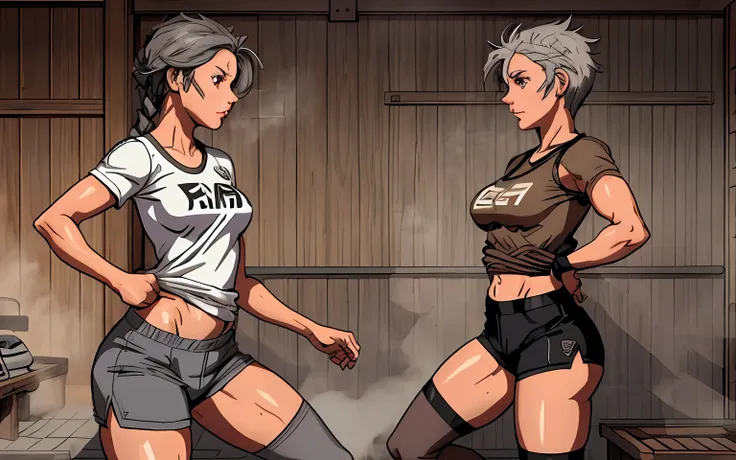 2girls, fighting stance, (from side)--, grey hair, brown eyes, braid, short hair, t-shirt, casual, thighhighs, sauna