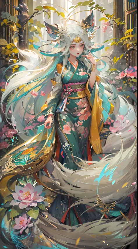 in this hyper-maximalist masterpiece, a breathtaking image of the ultimate (nine-tailed fox girl) unfolds. she stands amidst a m...