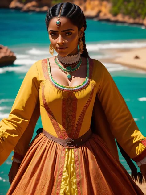 Mulher bonita com pele clara intrincada, com 20 anos de idade, (master part:1.2), rosto altamente detalhado, Looking sideways at the camera, (foco nítido: 1.2), ((seios pequenos expostos:1.2)), (( wearing an 18th century outfit with bright colors)), ((with...