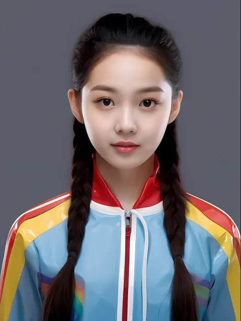 A 17-year-old Chinese high school student,Wearing a red, yellow and blue PVC sweatshirt,Pure light gray solid color background