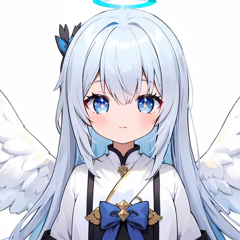 Anime girl with angel wings and blue eyes and bow, A scene from the《azur lane》videogame, anime visual of a cute girl, angelic purity, white-haired god, Ayaka Genshin impact, Hestia, anime moe art style, Angelic face, Splash art anime Loli, an anime portrai...