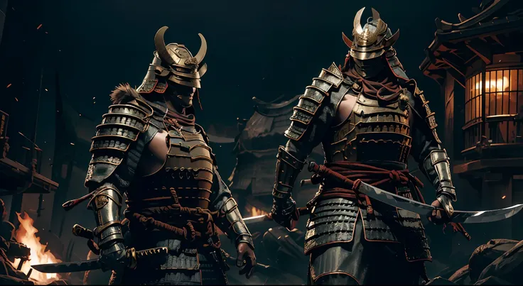 Mature man, perfect body, armor, snake emblem on shoulder armor, helmet, Oni mask, weapon: big sword - big knife, clear image, best quality, 8k, full body: 1.2, battlefield, smoke, fire, fighting posture, running, killing