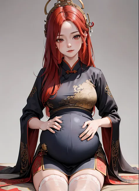 (masterpiece:1.2, best quality), (real picture, intricate details), (centered image composition), 1girl, solo,mature, milf, red hair, messy hair, peasant fantasy chinese clothing, simple background, field of depth, front_light, pregnant, five fingers