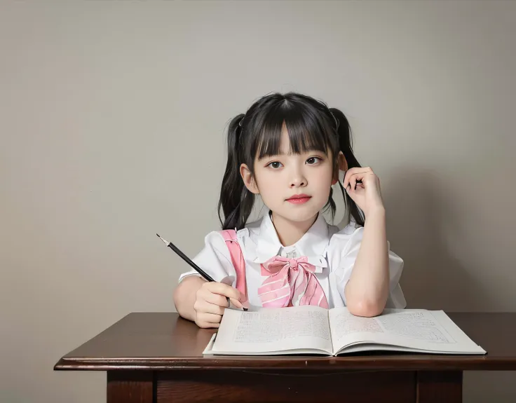 white room，white windows，there was a young girl sitting at the table，hold a book and pencil, two pigtails hairstyle, with black ...