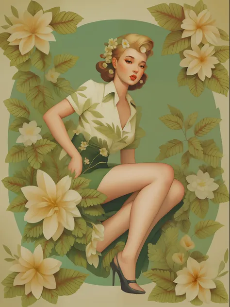 old, vintage, pinup girl, flowers, leaves