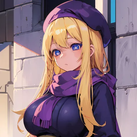 anime girl with blonde hair and blue eyes wearing a purple hat, anime style 4 k, anime moe artstyle, ilya kuvshinov with long ha...