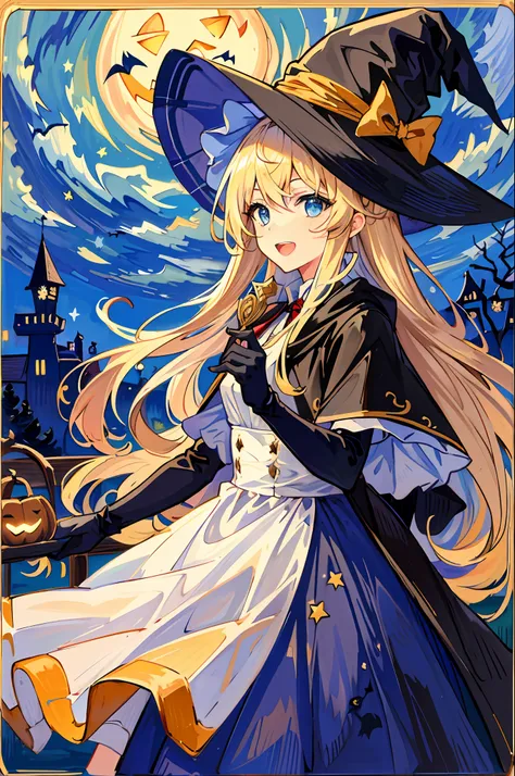 ((masterpiece:1.2, best quality)), 1girl, solo, (witch hat), blonde hair, long hair, dress, aurora, night, star (sky), gloves, s...