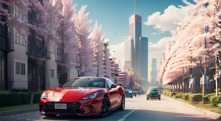 arafede red sports car driving on the city streets of cherry blossom trees, fine details 8k octane rendering, japonisme 3 d 8 k ...