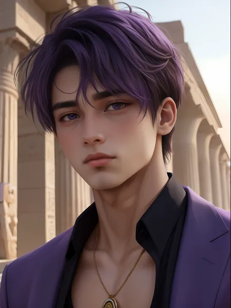 Ojos violetas masculinos masculinos definidos , mongrel violet hair teenager 15 years shirtless skin broced clothes of ancient Egypt egyptian palaces in the background