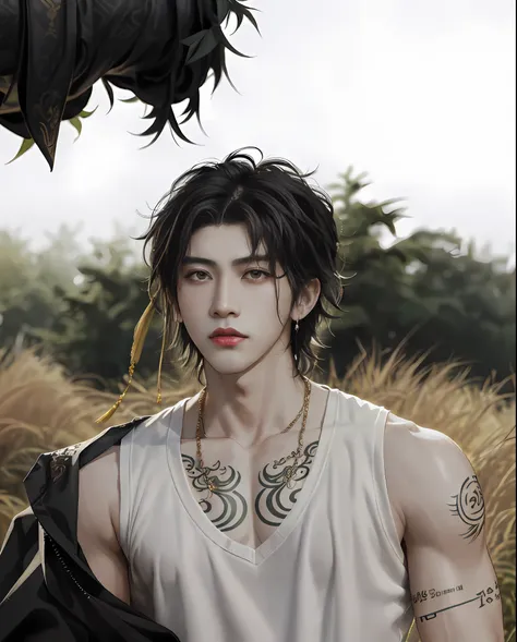 there was a man with a tattoo on his arm，wear a white vest, ruan jian, cai xukun, handsome chad chin, ryan jia, stanley artgem l...