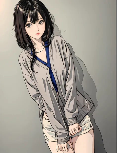 Best Quality, masutepiece, Narrow-eyed, Medium shot portrait of asian woman in cardigan and shorts, frontage, Low camera angle