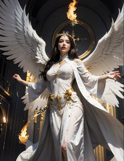 divine and beautiful angels， huge white wings retracted，loose white robe，golden flames surround the body，ultraclear，clear detail...