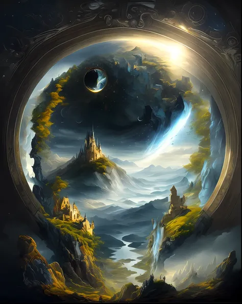 [immortal mountain pavilion|it's like a dream|fascinating dreams|fantasy style]a painting of a castle in the middle of a mountai...