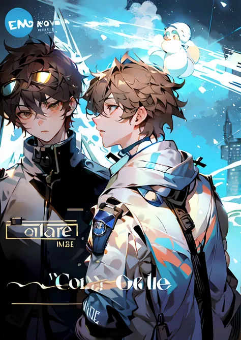 Both men are wearing goggles, male brown hair and brown eyes on the right, and two adult males，Tall and strong，Wide shoulders，Snowy blue sky and cable car in the background