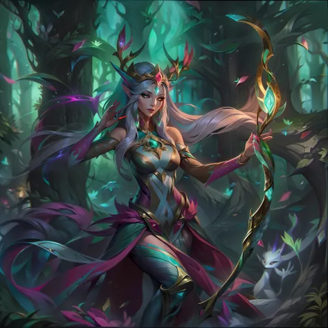 the base splash art of "verdant archer xerona" showcases a hauntingly beautiful scene set in a dense, mystical forest. the backg...