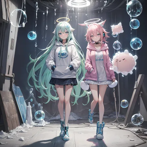 (masterpiece, best quality), intricate details, 1girl, (pointy long animal ears, tail), fluffy pink hoodie with bunny design, short and ripped jeans, boots, (blue bubbles, soapy bubbles:1.6), prisms, lighting effect, floating ((halo)) glowing over her head...