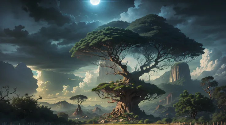 Paisagem linda com arvores gigantes, Roots to Exhibitions, Vines, plantas coloridas, palmeiras, coqueiros, rochas gigantes, cachoeiras, rio com pedras enormes, sky with dense clouds, sol, profundidade de campo, global ilumination, realista,