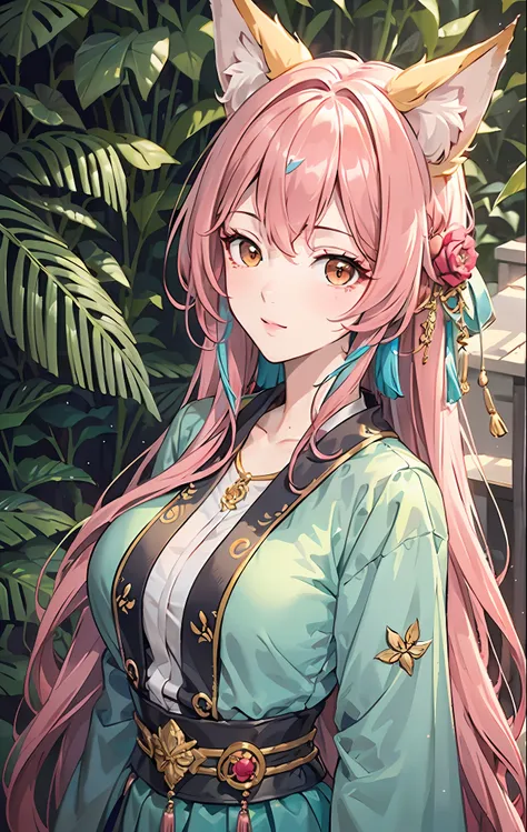 (Masterpiece:1.2, Best quality), (Very detailed face, Intricate details),Casual,,one-girl,Pink hair,a fox,Girl with fox ears,Cyan clothes,Raised sexy,depth of fields,film effect,llight rays