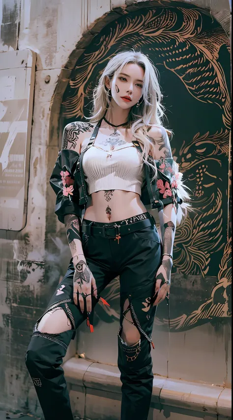 16 years old beautiful cool girl, detailed evil eye, (incredibily detailed, long  white hair，skull tattoo，flower arm tattoo，cine...