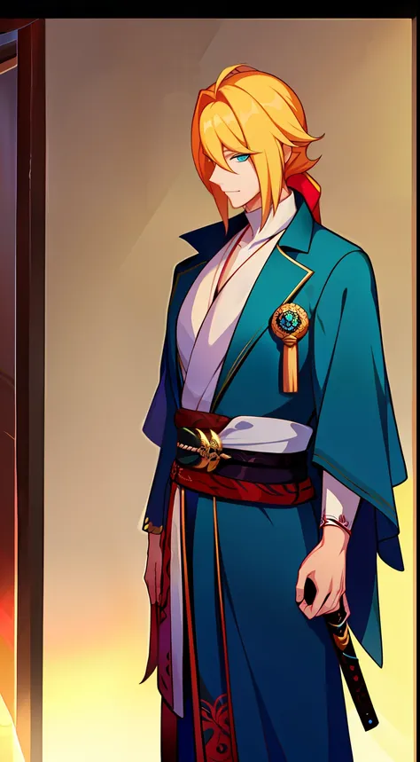 Tall guy, longue blonde hair, Cyan eyes, samurai clothing, katana, smirk, Masterpiece, hiquality