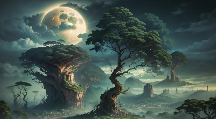 Paisagem linda com arvores gigantes, Roots to Exhibitions, Vines, plantas coloridas, palmeiras, coqueiros, rochas gigantes, cachoeiras, rio com pedras enormes, sky with dense clouds, sol, profundidade de campo, global ilumination, realista,