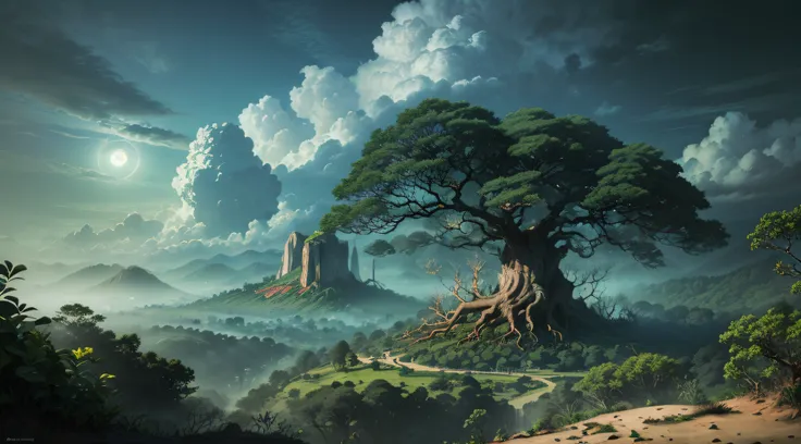 Paisagem linda com arvores gigantes, Roots to Exhibitions, Vines, plantas coloridas, palmeiras, coqueiros, rochas gigantes, cachoeiras, rio com pedras enormes, sky with dense clouds, sol, profundidade de campo, global ilumination, realista,