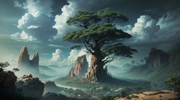 Paisagem linda com arvores gigantes, Roots to Exhibitions, Vines, plantas coloridas, palmeiras, coqueiros, rochas gigantes, cachoeiras, rio com pedras enormes, sky with dense clouds, sol, profundidade de campo, global ilumination, realista,