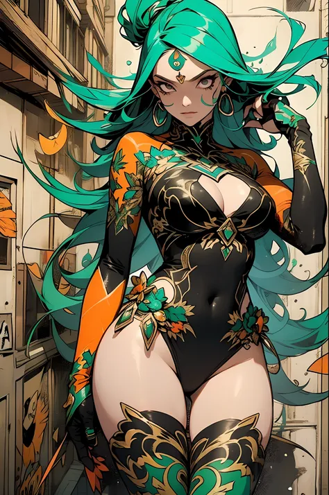 verde: 1.5, laranja: 1.1, Branco: 1.3, amarelo: 1.3, (garota), tatuagens de caveiras, armadura do terror, esqueleto da roupa, splash de cores no fundo, garments