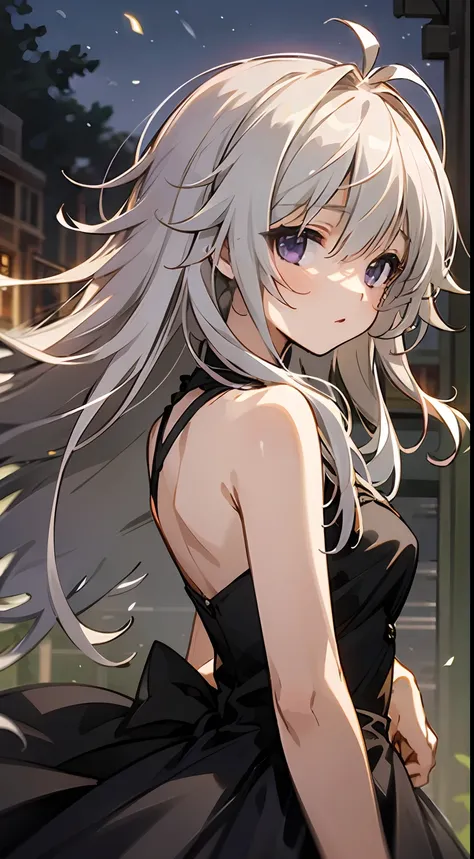 masterpiece, best quality, long hair, silver hair, purple eyes, wind, messy hair, outdoors, night, black dress,