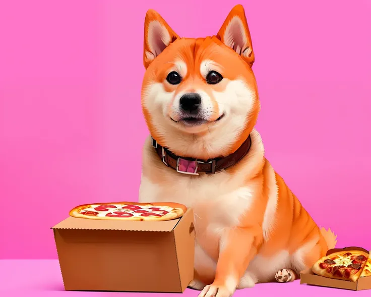 a cute dog shiba with a box of pizza pink background, elonmusk