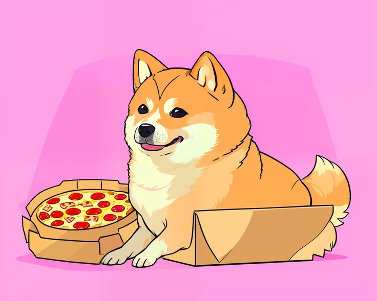 a cute dog shiba with a box of pizza pink background, elonmusk