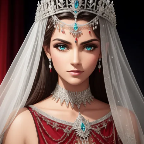 A closeup of a TIA with red and white crystals on a black surface, rubi com diamante, coroa de joias, coroa de joias, Tiara vermelha, coroa ornamentada joias, Crown of the Silver Prince, coroa de cristal, coroa real, coroa de engrenagens vermelhas e diaman...