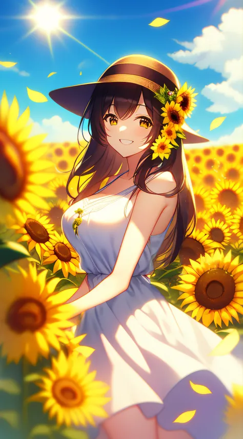 blend into the background、similar view、beautiful sunflower field、flowing hair