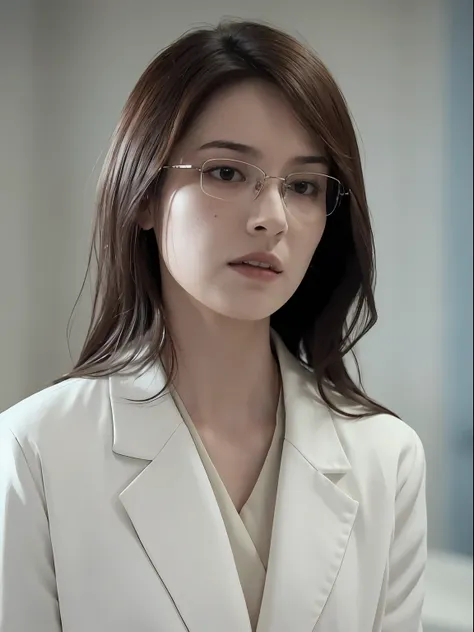 best quality, ultra high res, (photorealistic:1.4), a girl, doctor, white coat, (narrow waist:1.2), rimless eyewears, in the hos...