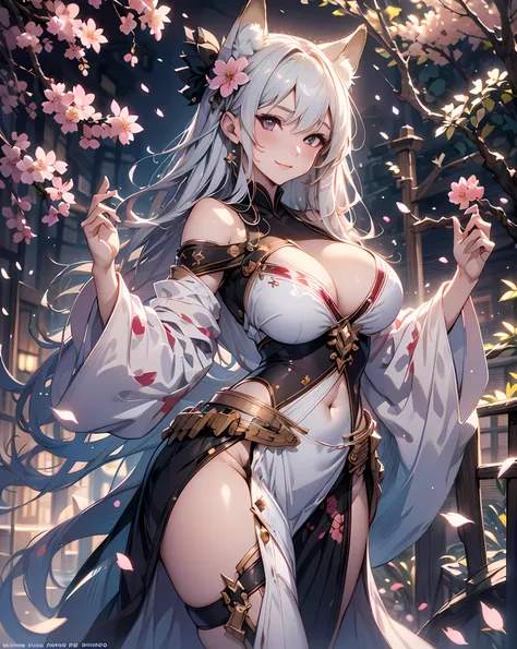 A extremely gorgeous and beautiful fox-girl, ((cowboy shot:1.3)), Splattered playing lots of colorful cherry blossom petals background, garden background, Ultimately Masterpiece, Best quality, Ultra-detailed, Ultra-realistic, Hyper realistic concept art by...