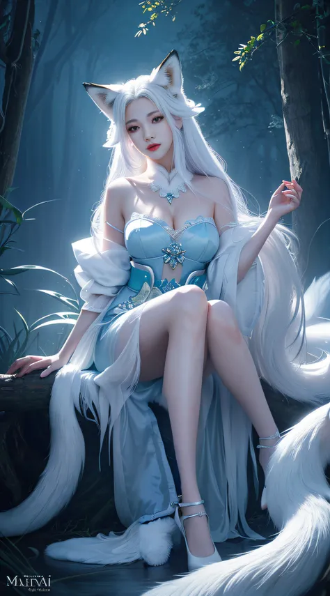 White-haired and white-tailed Alafi sitting on a rock, Fantasy art style, IG model | Art germ, trending on cgstation, Extremely detailed Artgerm, white-haired god, Fanart Meilleure ArtStation, Style Artgerm, beautiful and elegant elf queen, 2. 5 D CGI anim...