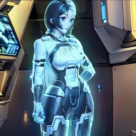 Hologram Tsar, Person holding a smartphone in his hand, Female Cyborg in the Data Center, transparent glass woman, Emphasized feminine features, Think in 3D, Enterprise Workflow Engine, short robust woman, extremely luminous bright design, looking at monit...