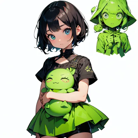 a little girl with short hair holds a green doll with 4 eyes，8k，a high resolution，hand drawn texture， --v6