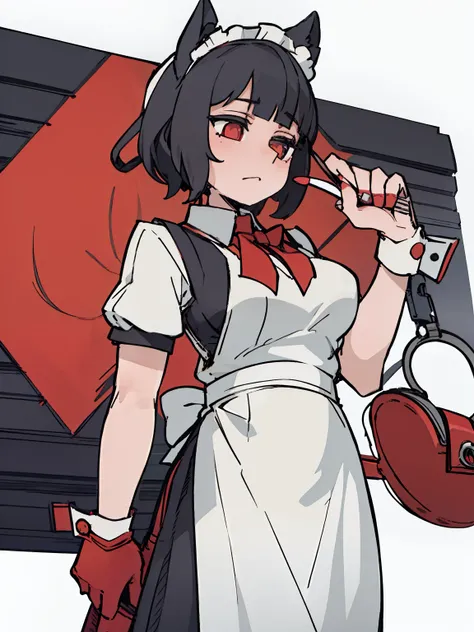 A girl frontal,((full bodyesbian,whaite hair,curlies,the maid outfit)),Hold the keychain,Young, White background