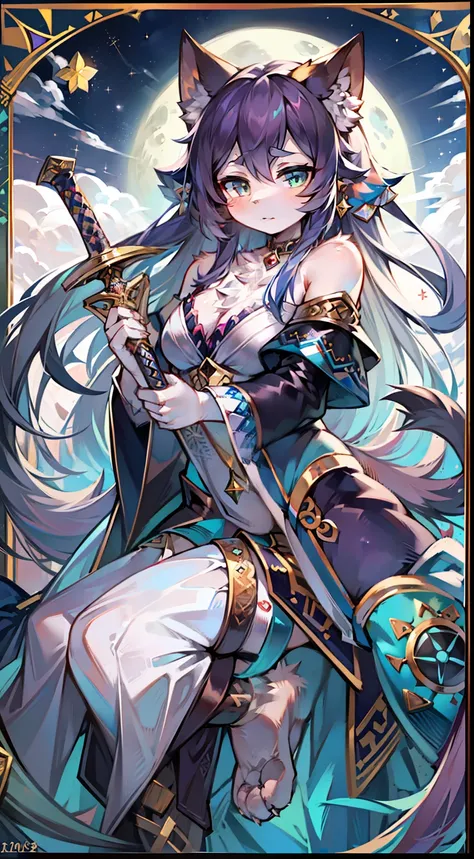 (Masterpiece), Best quality, Dynamic Angle, Dynamic gesture,(Hairy chest and arms+ Sexy all over:1.3,feline features:0.8,slim body 1.1), glittering ocean, full moon/Meniscus, moon full/Crescent night, Sparkling beautiful long hair:1.2, Sensual expression, ...