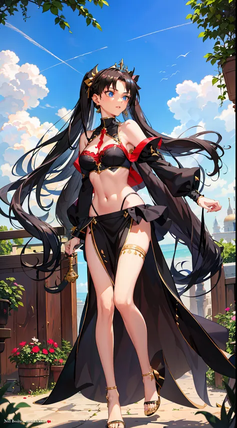 long hair, black hair, medium breast, slim legs, happy, bluish gown, cleavage, arabian belly dancer , short skirt, rin tohsaka, ...