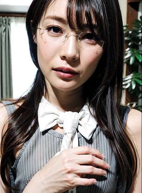 best quality, photorealistic, 8k, ((high res)), ((face shot)), 1 secretary lady, matured female, ((wearing, white collared sleeved shirt, gray vest, a ribbon, glasses)), bow, photo, realistic, best quality, hires, detailed face, office, buildings from wind...