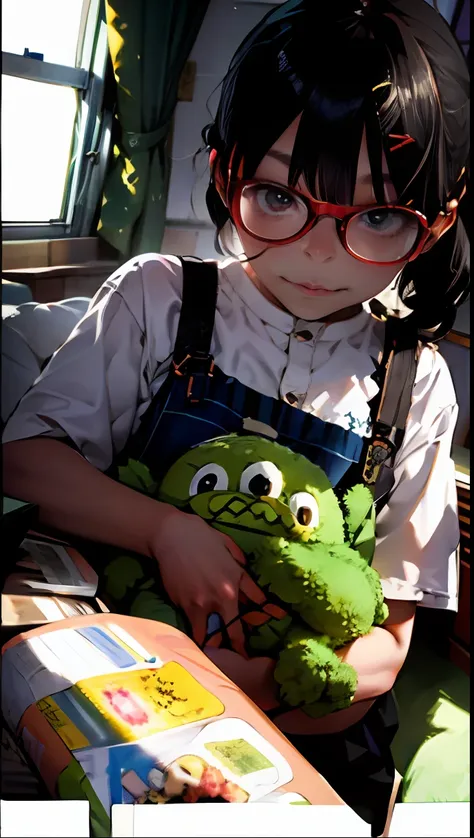 there is a little girl with glasses，holding a cute green stuffed toy，play with three eyes