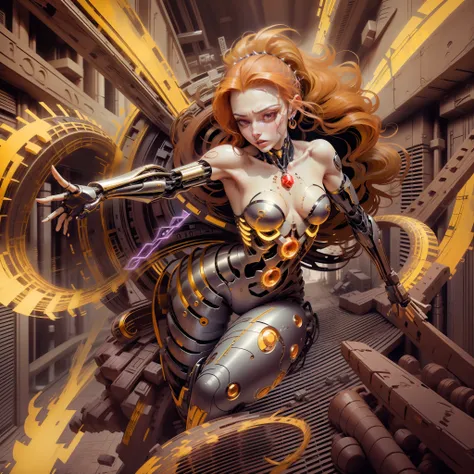 Adagio Dazzling, Adagio Dazzle of "My little pony", Bioorganism, not human, Mechanical parts, coiled hair, exuberant hair, hairlong, Bionic body parts, Missing skin, Completely cyborg, Cybernetic organism, mechanical arms, Mechanical legs, full length, ful...