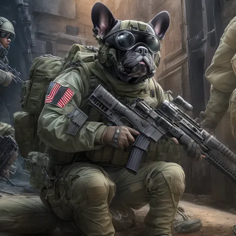 keeping the french bulldog face, high-quality special forces suit, ((high detail rifle with scopes)), high-detail war background...